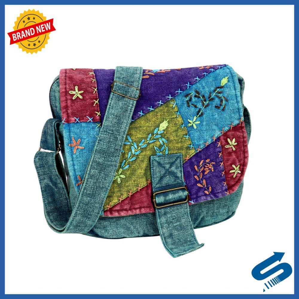 Handmade Cotton Messenger Crossbody Bag, Boho Hobo Style, Multiple Pockets